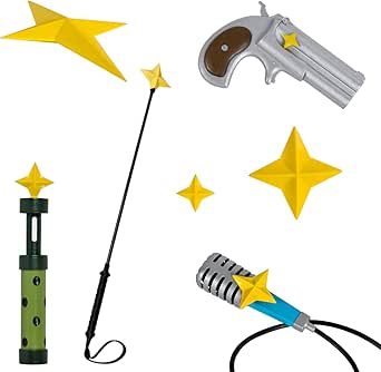 White-background photo of star-themed cosplay props including a handheld microphone prop with a gold star, a star-topped wand, a toy gun, and additional star decorations.