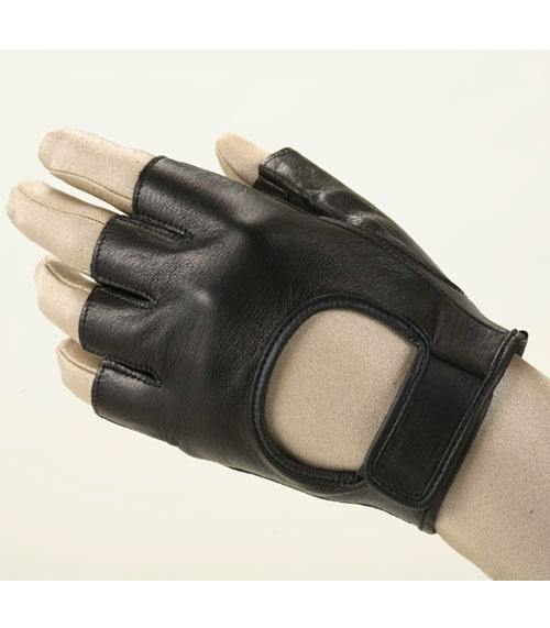 Black synthetic leather glove with finger openings and a wrist strap displayed on a mannequin hand.