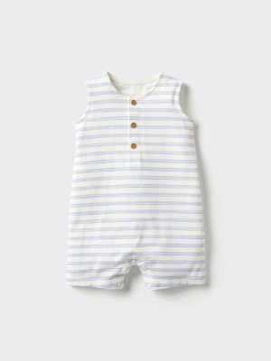 A sleeveless striped baby romper with three front buttons, laid flat on a light background.