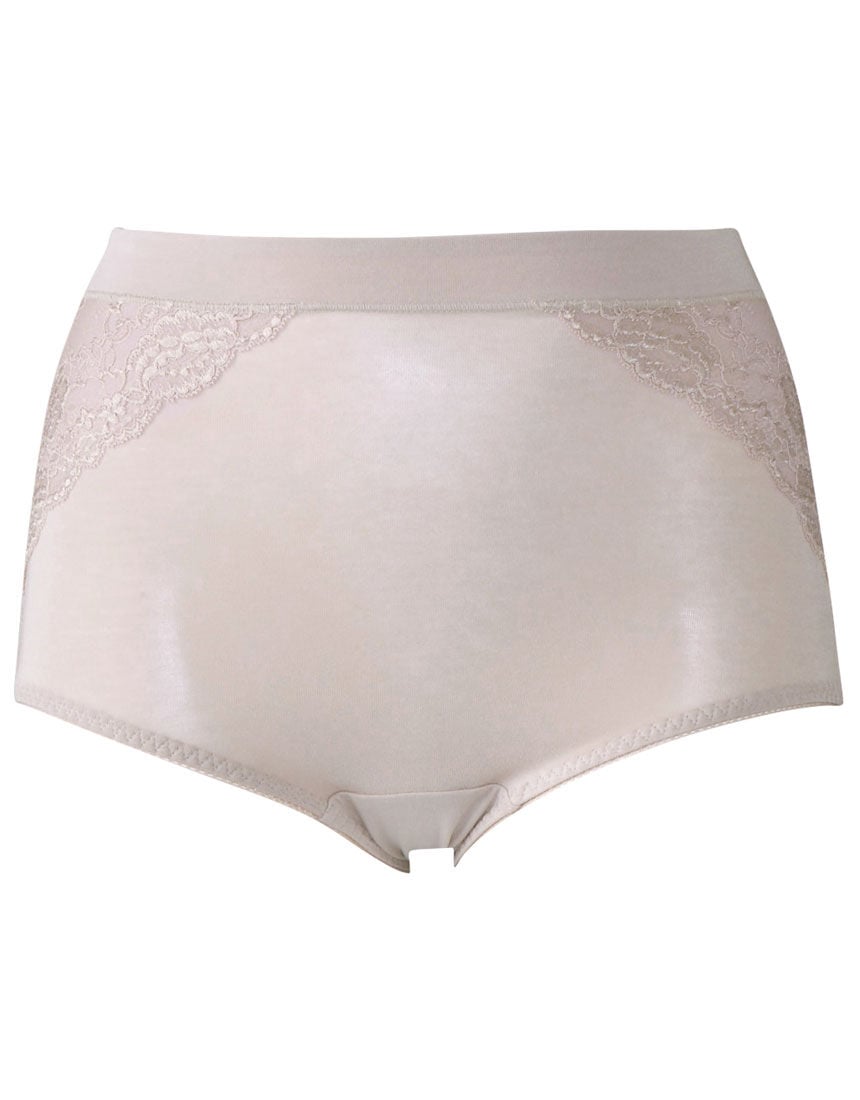 Front view of a high-rise cotton-blend pair of women’s underwear with lace trim on a white background.