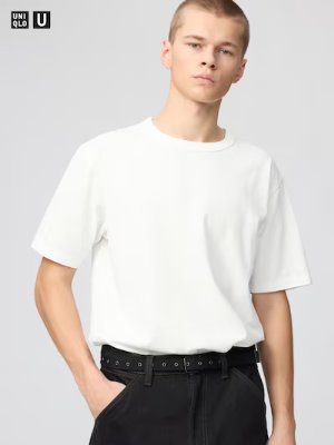 Male model wearing a white crew-neck cotton T-shirt shown from the front.