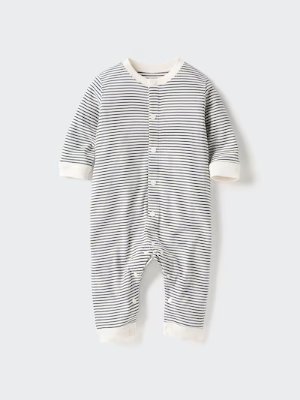 Front view of a striped long-sleeve cotton baby onesie with front snap closures and ribbed cuffs.