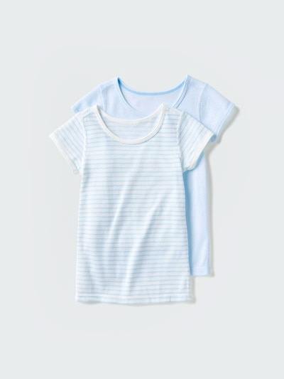Two children's cotton mesh tank tops (set of two) laid flat: a solid light-blue and a white one with thin blue stripes on a pale background.