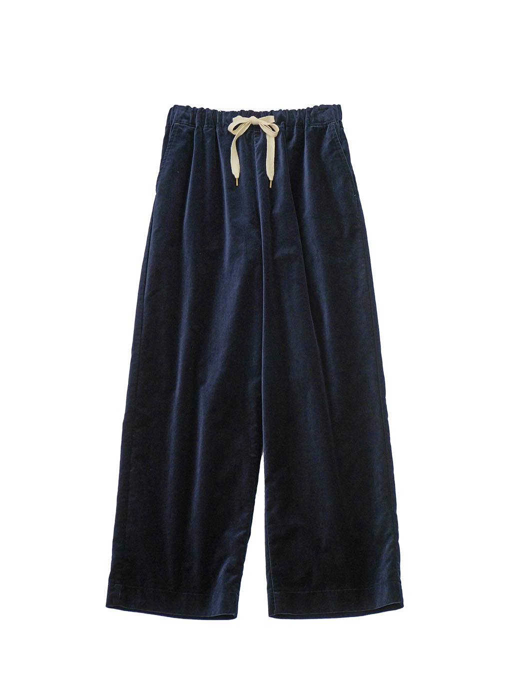 Flat-lay of navy cotton velvet easy pants with an elastic waistband and cream drawstring.