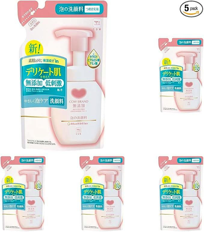 Front view of a Cow Brand No Additives foaming facial cleanser refill pouch showing a pink pump bottle illustration and Japanese labeling.