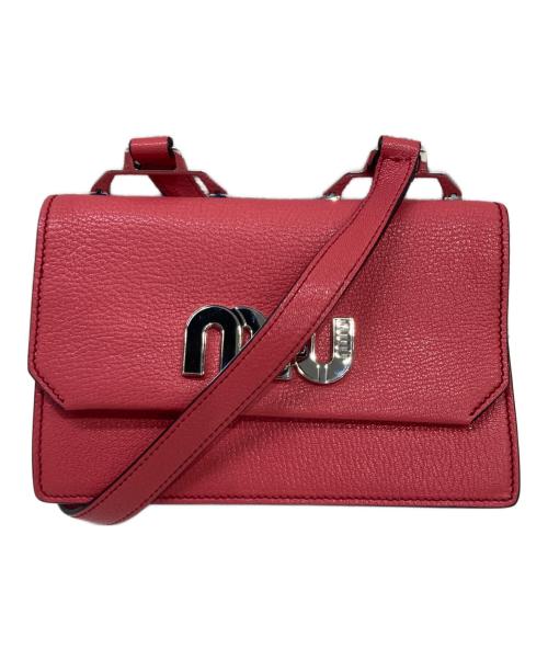 Front view of a red cow leather 2WAY bag with a flap closure and a shoulder strap.