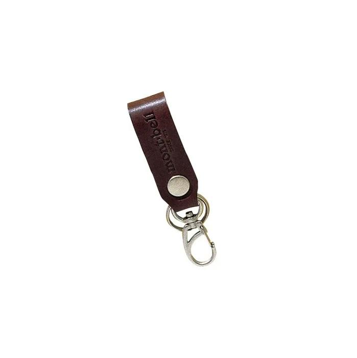 A brown cow leather belt key holder with a metal snap, two key rings, and a swivel clasp on a white background.