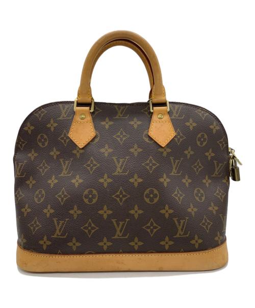 Front view of a brown cow leather monogram-patterned handbag with double rounded top handles and a side zipper lock.