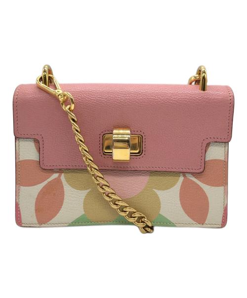 Front view of a pink cow leather shoulder bag with a gold chain strap and a multicolor patterned lower panel.