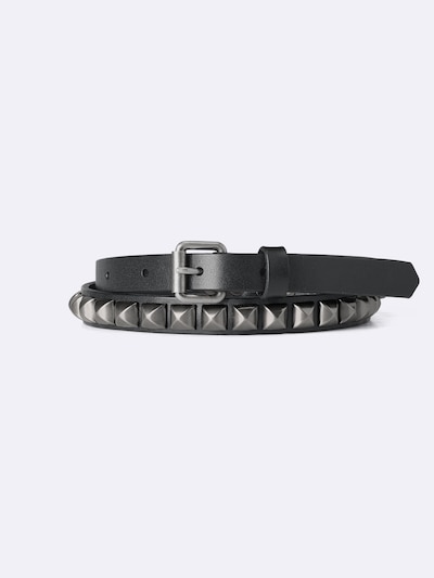 A black cow leather studded belt with metal pyramid studs and a metal buckle laid coiled on a light background.
