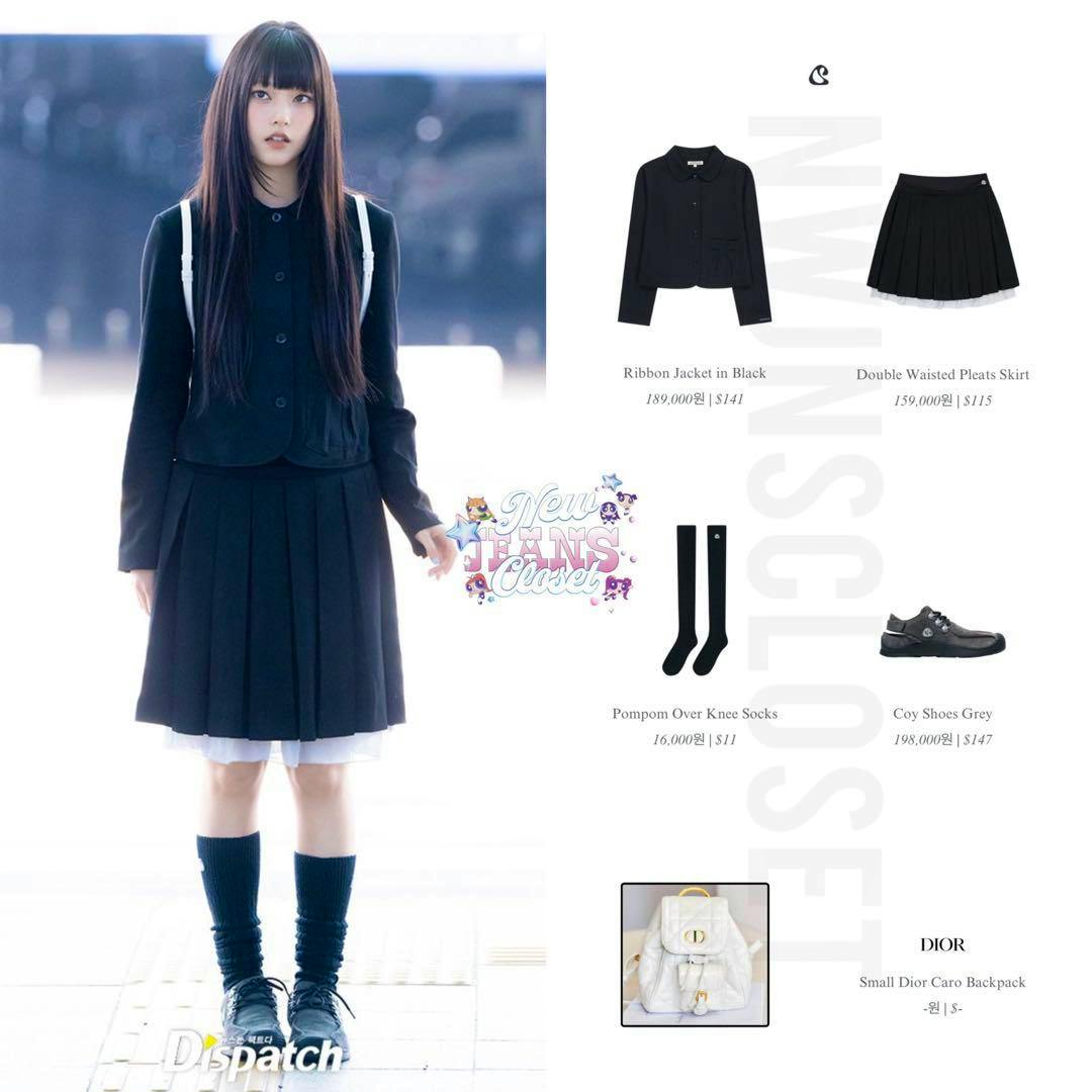 A model wearing the double-waisted pleats skirt paired with a jacket and knee socks, shown alongside thumbnail product images.