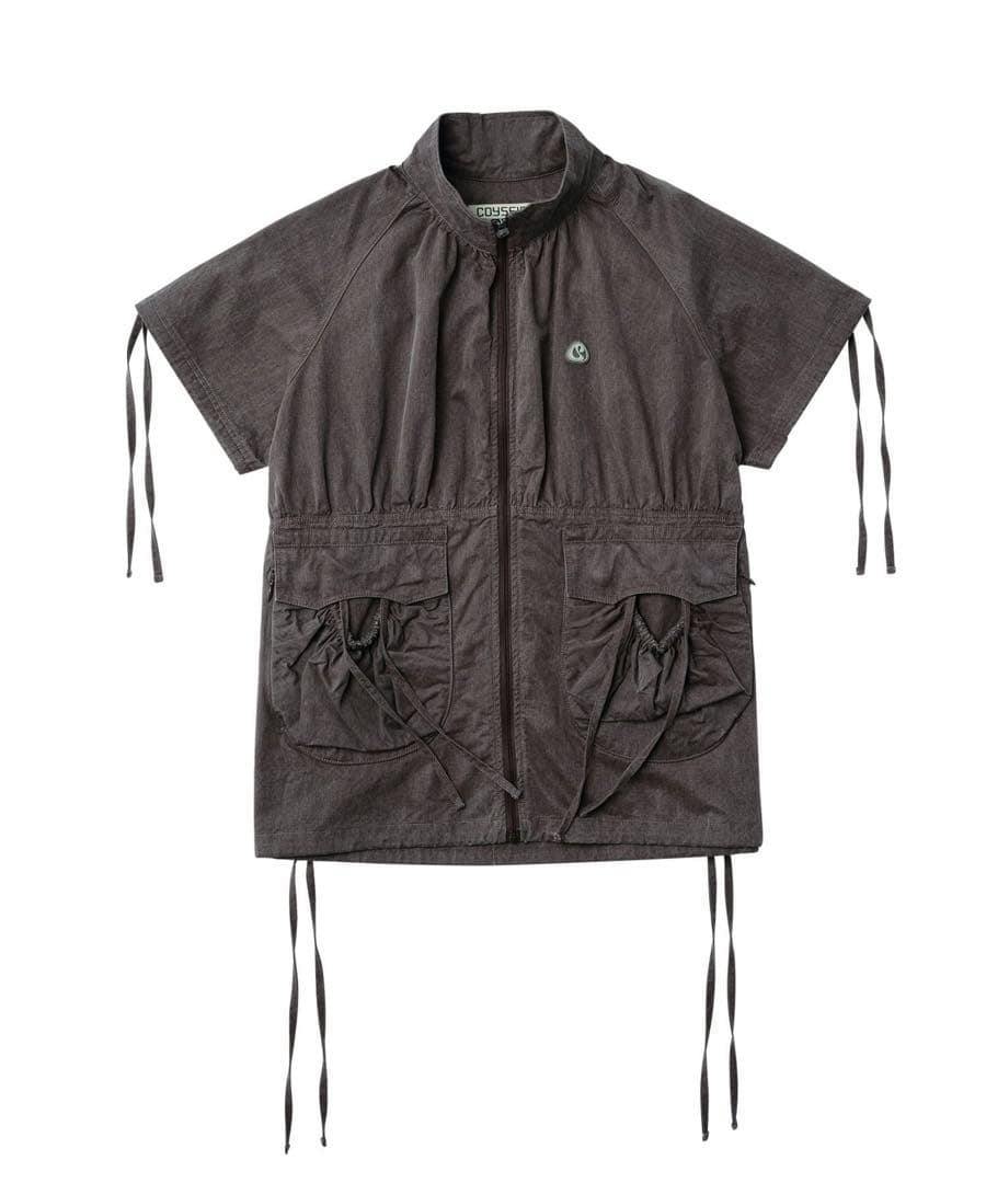 Front flat-lay of the COYSEIO shirring pocket jacket in burgundy with zipper closed and visible drawstrings.