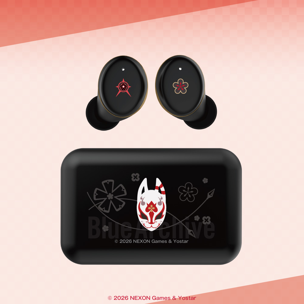 Wireless earbuds with their charging case showing the “Blue Archive” Wakamo collaboration artwork.