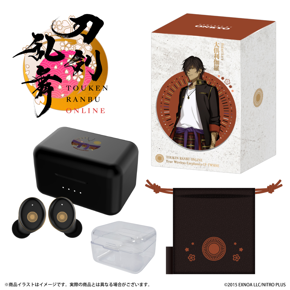 Black wireless earphones with a black charging case, a clear plastic case, a brown drawstring pouch, and a character-themed outer box with the Touken Ranbu Online logo.