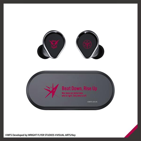 Wireless earphones with their charging case shown, the case and earbuds featuring pink collaboration graphics and the text "Beat Down, Rise Up".