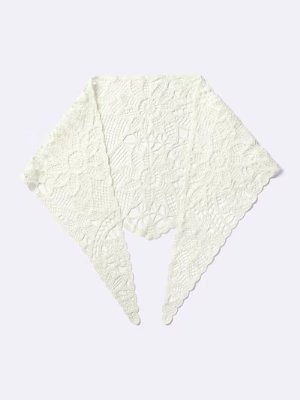 A white crochet scarf (polyester) laid flat in a triangular shape showing its floral lace pattern.