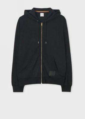 Front view of a grey zip-up hooded sweater laid flat showing the zipper, pockets, and hood.