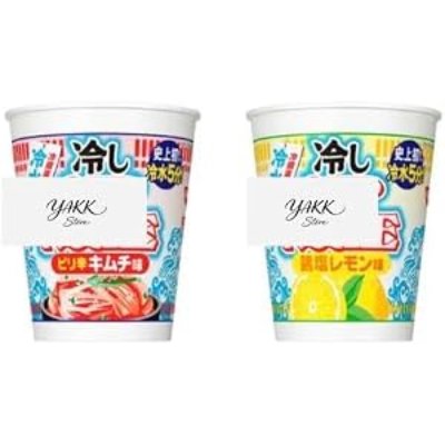 Two instant noodle cups showing the spicy kimchi flavor and the chicken salt lemon flavor.