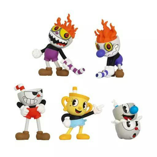 Five plastic Cuphead collectible figures from the set displayed on a white background.