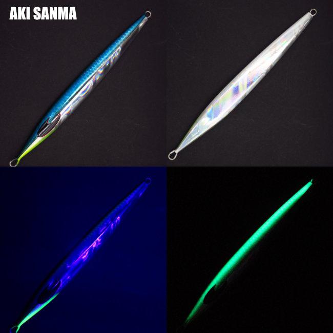 Four-panel image showing two metal fishing jigs in reflective finishes and their glow/UV appearances on a black background.