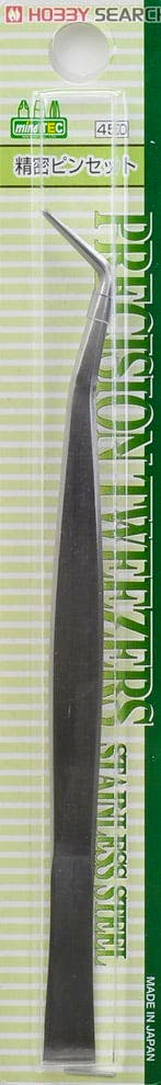 Bent-tip tweezers shown in clear retail blister packaging on a green-striped backing.