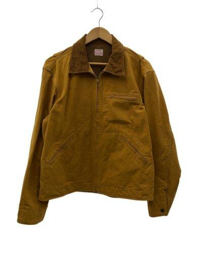 Front view of a men's cotton coverall jacket in tan hanging on a hanger against a white background.