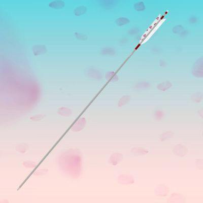 A single archery arrow with white fletching shown against a pink and blue gradient background with falling petals.