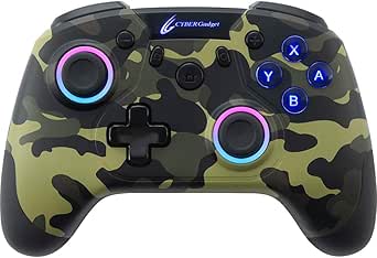 Green camouflage wireless gaming controller for Switch showing the front with dual analog sticks, D-pad, and A/B/X/Y buttons.