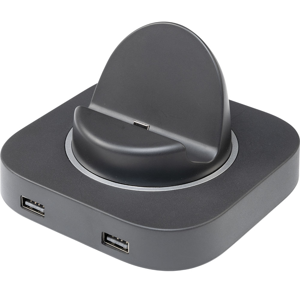 CYBER USB hub stand 4-port (for Switch2) shown as a gray rounded-square base with a vertical dock and two visible USB ports.