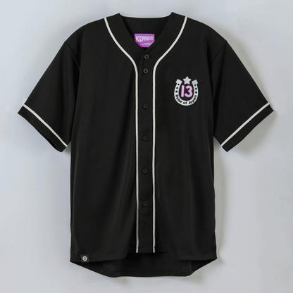Front view of a black polyester baseball-style jersey with white piping and a horseshoe patch reading "13" on the chest.