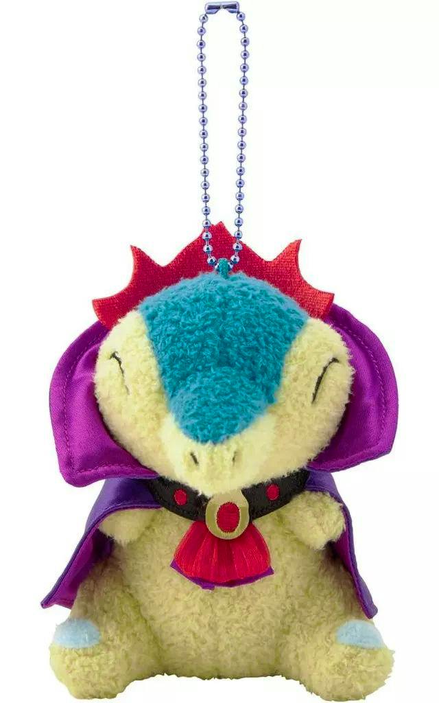 Front view of a Cyndaquil plush mascot keychain wearing a purple cape and red collar.