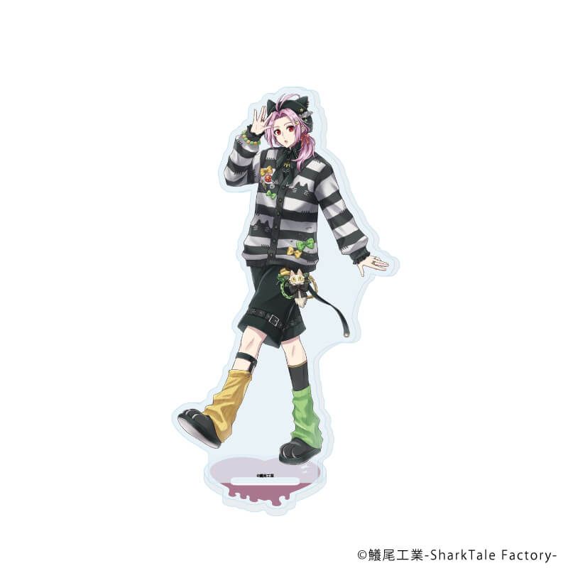 Acrylic stand showing a full-body illustration of a pink-haired character wearing a striped hoodie and mismatched boots on a round base.