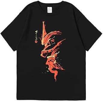 Black short-sleeve round-neck T-shirt showing a vertical red-orange Char Aznable / MS-06S Mobile Suit Gundam print on the front.