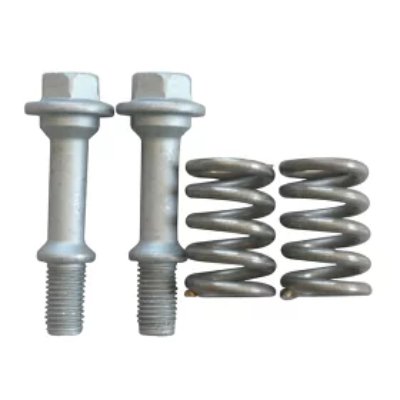 Two threaded bolts and two coil springs shown as a muffler bolt-spring set.