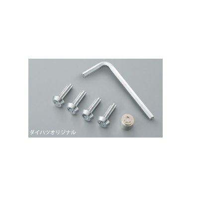 Four metal license plate lock bolts and an L-shaped wrench on a gray background.