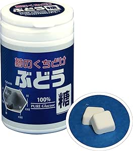 A bottle pack of Daimaru Honpo Grape Sugar (chewing gum) with a blue label and a circular inset showing two white sugar pieces.