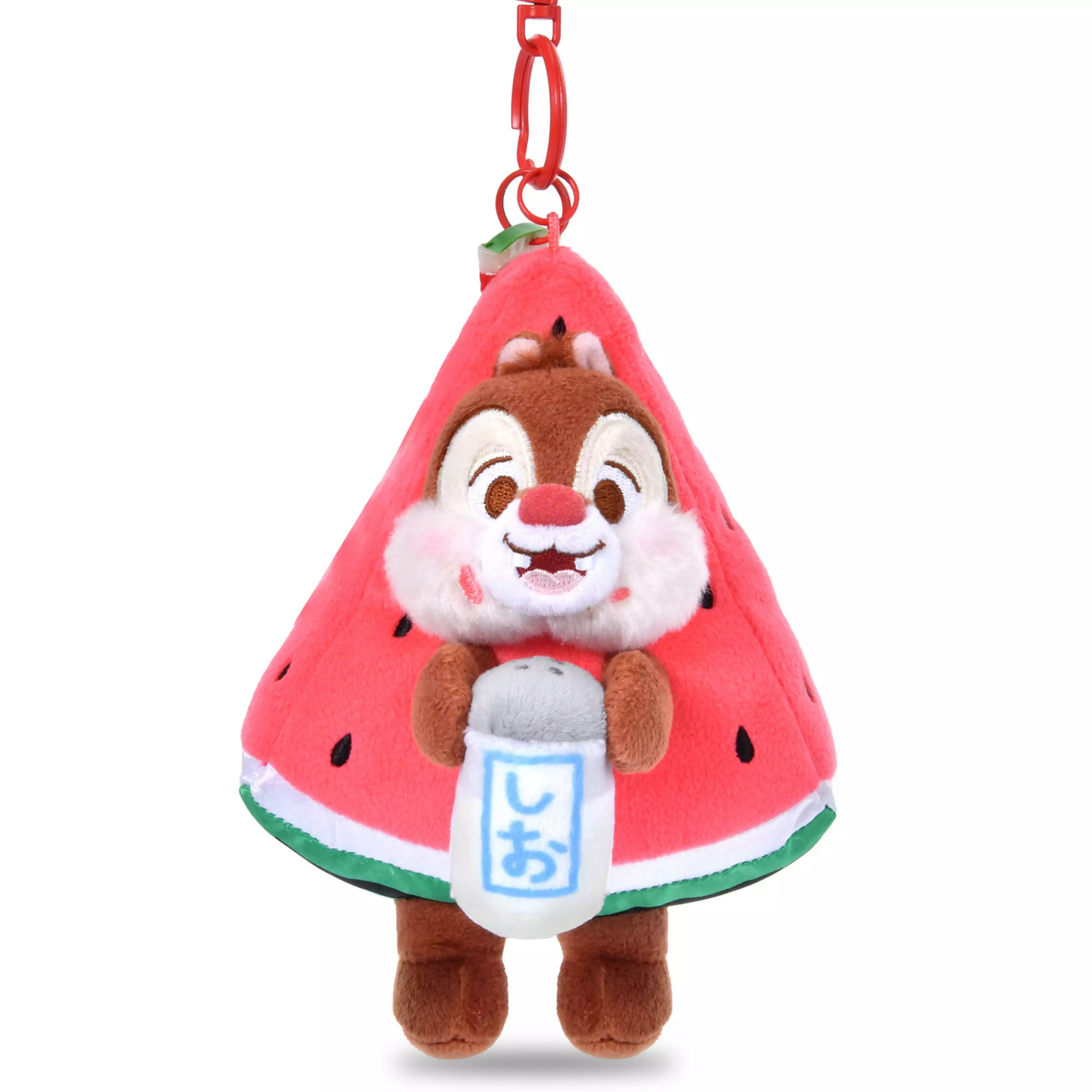 Plush keychain of Dale wearing a watermelon-shaped costume and holding a small bottle.