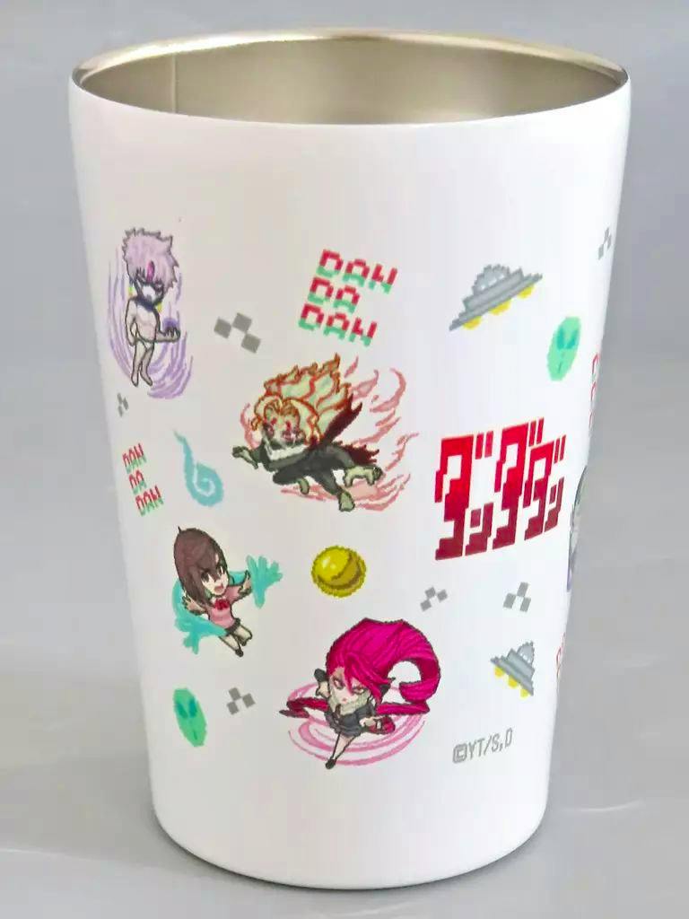 White stainless steel thermal tumbler showing pixel-style character illustrations and red Japanese text.