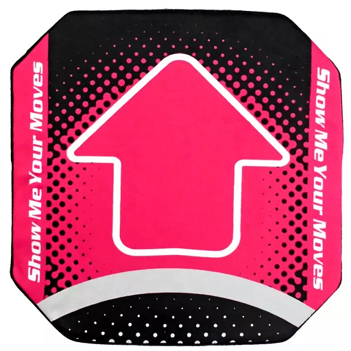 Pink DanceDanceRevolution panel-style cushion showing a large up arrow and the text "Show Me Your Moves".