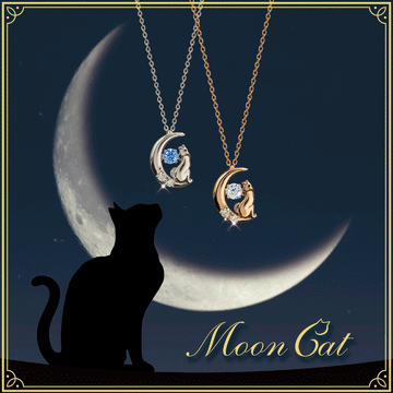 Two cat-on-moon pendant necklaces in silver and gold shown against a nighttime moon background.