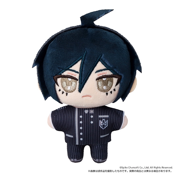 Front view of the Danganronpa plush mascot Saihara Shuichi showing embroidered face and striped outfit.