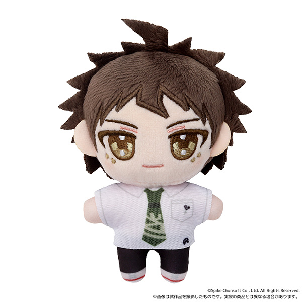 Front view of the Danganronpa Hinata Hajime plush mascot wearing a white shirt and green tie.