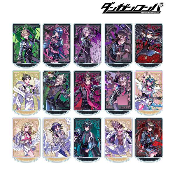 Fifteen illustrated acrylic trading stands from the Danganronpa series shown in a grid.