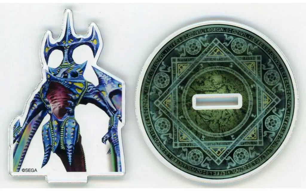 Acrylic decorative stand showing a Dark Falz character cutout on the left and a circular patterned base with a slot on the right.