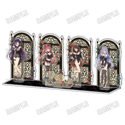 Rendered image of the acrylic decorative diorama showing four Gothic-style character standees arranged on a black base with ornate arched backdrops.