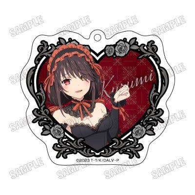 Heart-shaped acrylic keychain showing Tokisaki Kurumi in a gothic outfit against a red patterned background.