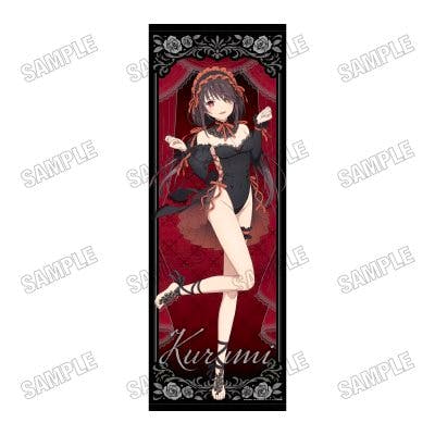 Life-size tapestry mockup showing a full-body illustration of Kurumi Tokisaki in a gothic outfit against a red patterned background with a decorative black border.