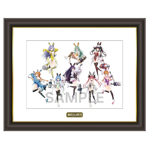 Framed commemorative art print for Date A Live V showing several characters in cyber-bunny outfits with a SAMPLE watermark.