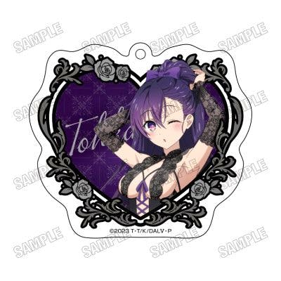 Acrylic keychain illustration of the character Yatogami Tohka in a gothic outfit inside a heart-shaped ornamental frame.