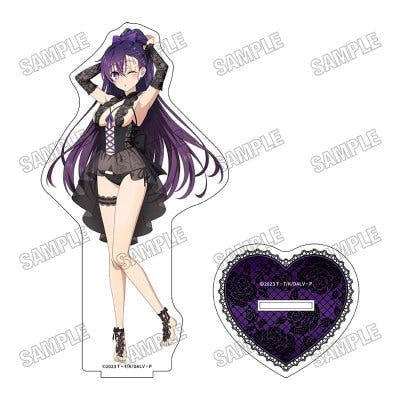 A front-view image of the acrylic stand featuring the illustrated character Yatogami Tohka in a gothic outfit with the separate heart-shaped base.